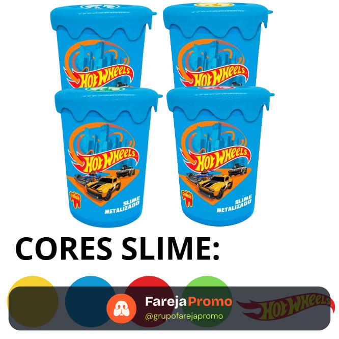 Kit 4 Slime Hot Wheels Metalizado Brinquedo Infantil Potinho 180g Dourado Azul Verde Vermelho