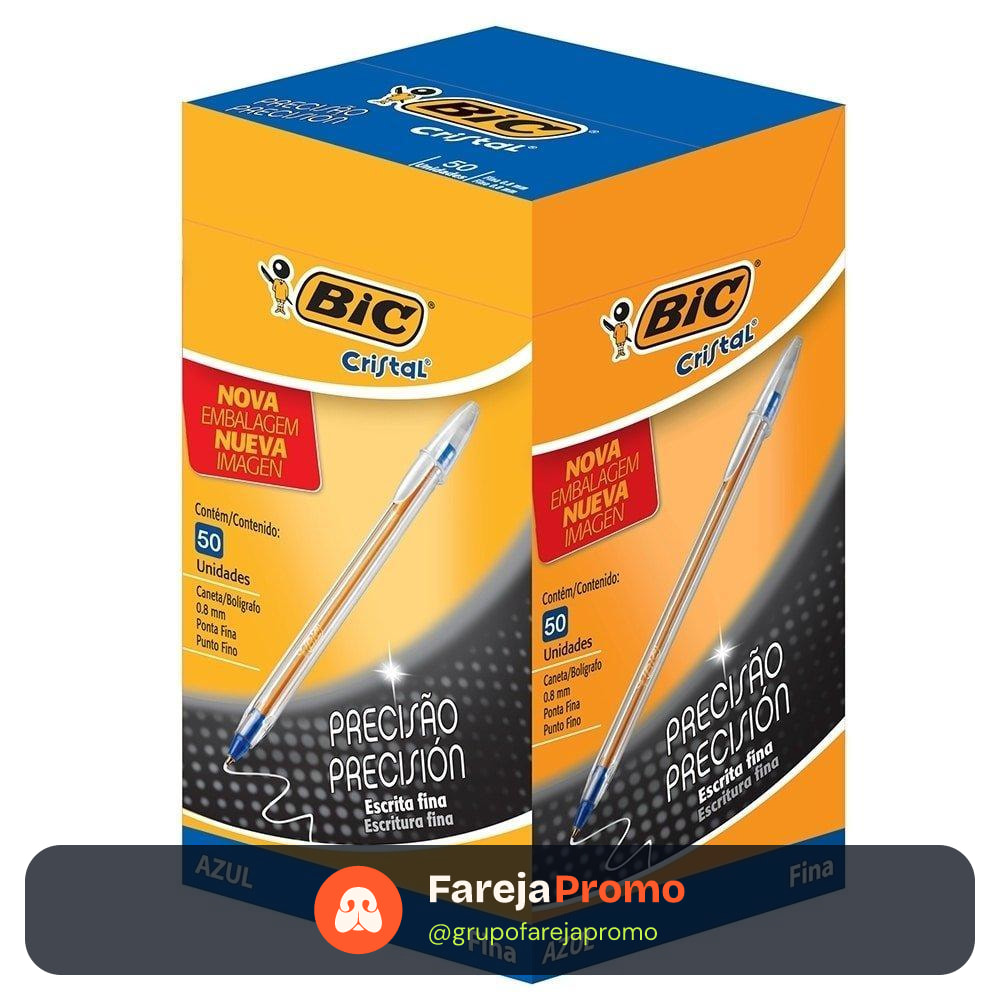 Caneta Bic Cristal Fina Azul - Embalagem com 50 Unidades