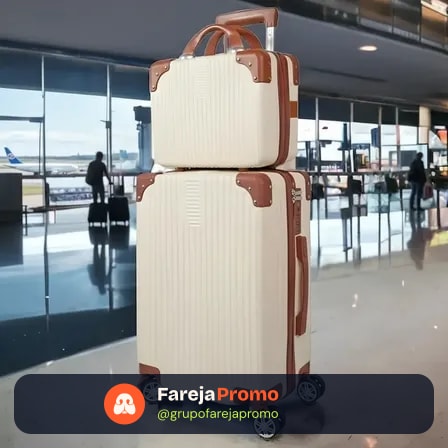 Mala De Viagem 10kg Promoção Rodas 360° Miami Com Frasqueira Bege Listras